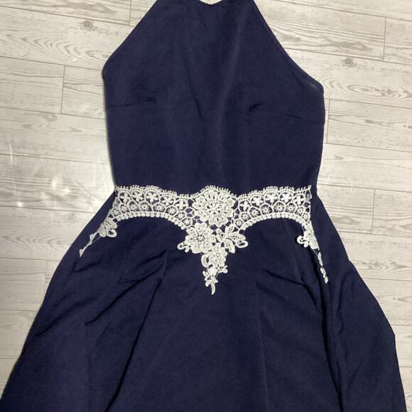 Shein Navy Blue Halter Skater Dress Lace Waist Detail Women’s Size Small - Picture 2 of 5